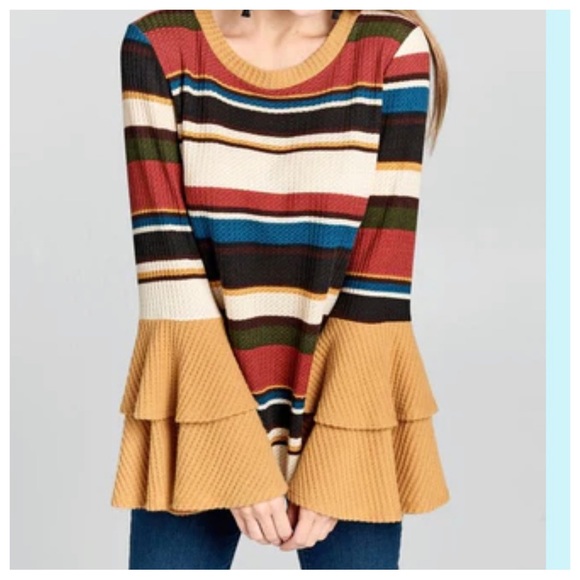 Boho Chic Color Block Multi Stripes Bell Layered Sleeves Top - Picture 5 of 5
